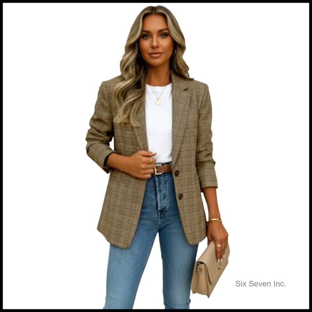 Polyester Blend Plaid Houndstooth Blazer Fully-Lined Loose Fit Work Office - Picture 5 of 6